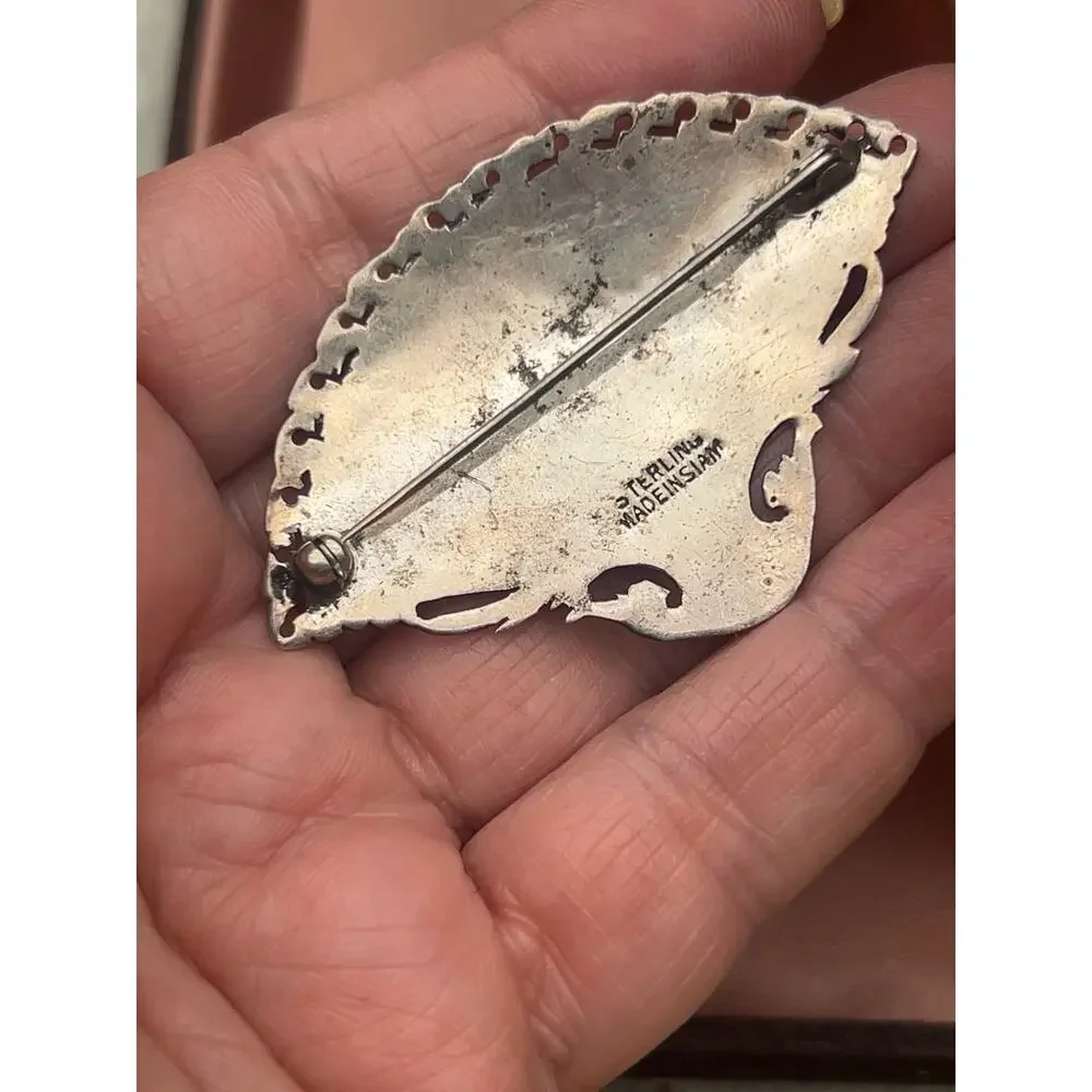 Vintage Sterling Silver Made in Siam Niello Fan Brooch Thai Dancers 2¼”